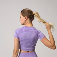 Camiseta De Yoga Sin Costuras Para Mujer Top Corto De Manga Fitness Ropa Deportiva Para Gimnasio Correr Sportswear Polyester Nylon Spandex - details 6