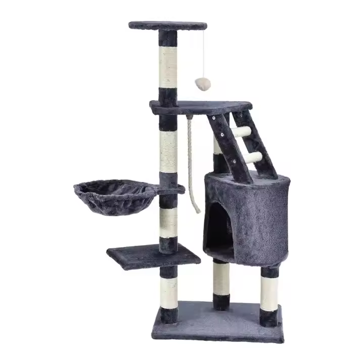 COTTECOTA- Árbol para Gato Torre de Escalada 120cm Gris Azulado y Beige Estable Rascador con Nidos, Hamaca, Plataformas, Juguete para Gatos, Poste De Rascar De Sisal Natural 0157 - 1