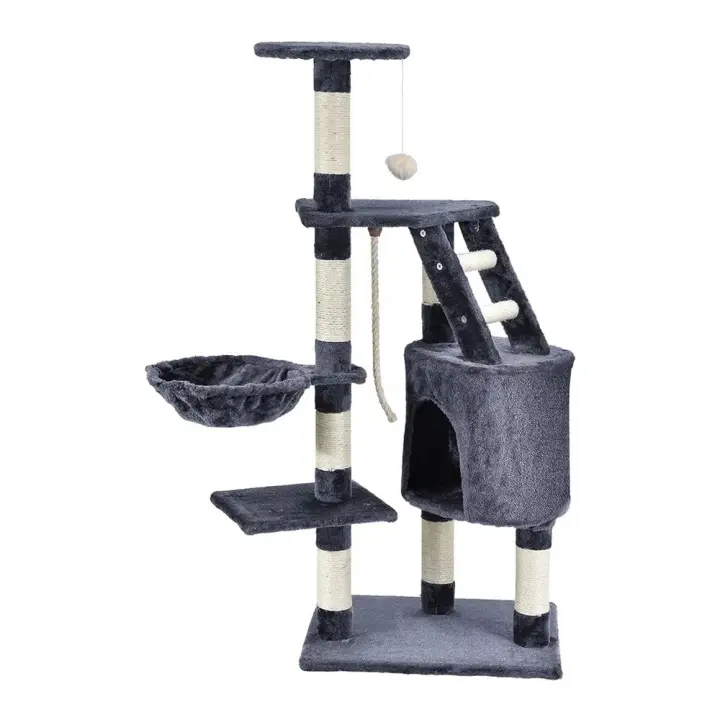 COTTECOTA- Árbol para Gato Torre de Escalada 120cm Gris Azulado y Beige Estable Rascador con Nidos, Hamaca, Plataformas, Juguete para Gatos, Poste De Rascar De Sisal Natural 0157 - 1
