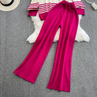 Conjunto De Ropa De Mujer REALEFT Otoño Invierno 2 Piezas Traje De Pista Tejido Con Cuello Alto Rayado Y Pantalones Rectos Polyester Estilo Casual - details 2