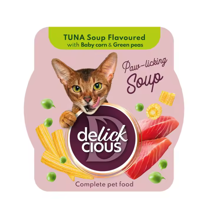 ) DELICKCIOUS- Sopa de Atún  con maíz baby y guisantes. Alimento completo para gatos adultos. PACK 6 unds de 80g o 12 unds de 80 g - 1