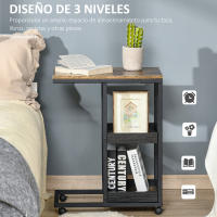 HOMCOM Mesita Auxiliar Industrial Mesa Auxiliar en Forma de C con Ruedas Estantes Abiertos y Marco de Acero para Salón Dormitorio 51x33x66 cm Marrón Oscuro - details 1