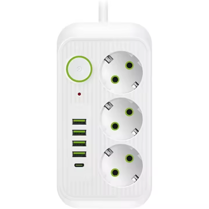 Regleta multienchufe, cable alargador de 2500 W, protección contra sobretensiones con cable de 2/3 m, 3 enchufes y 5 puertos USB - Toma de corriente para casa, oficina, viajes y habitación de estudiante (blanco, 5 m) - 1