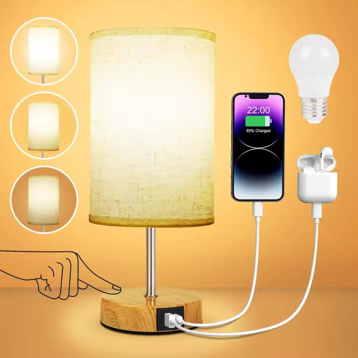 Lámparas de Mesita de Noche Táctil Regulable, Lámpara de Noche con Puertos de Carga USB A+C, Pantalla de Tela de Lino, Lámpara de - 1