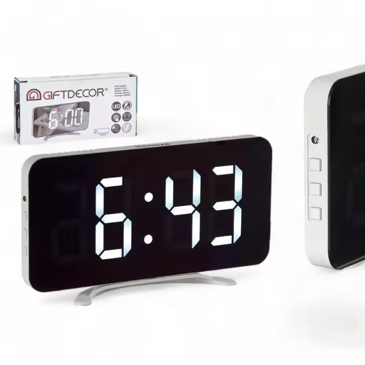 Reloj Digital de Mesa con Efecto Espejo GIFT DECOR (Blanco)  Toque de Originalidad con Efecto Espejo  LED Táctil  Funciones: Reloj, Alarma, Espejo  Medidas: 15,7 x 7,7 x 1,5 cm  Color: Blanco - 1
