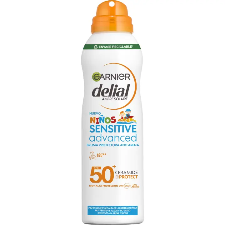 Garnier Delial Sensitive Advanced Bruma Protectora Anti Arena para pieles sensibles, claras e intolerantes al sol IP50+. Muy resistente al agua, sin perfume, no pegajoso. Testada bajo control pediátrico - 150 ml. - 1
