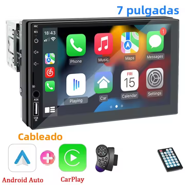 Radio De Coche Carplay 1 Din Android Auto Reproductor Multimedia HD Tela Táctil 7' FM AUX Entrada Bluetooth MirrorLink Universal Autoradio - 1