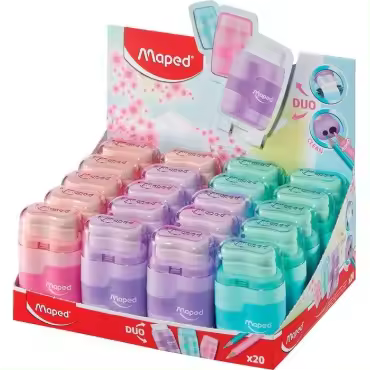 SACAPUNTAS DOBLE CON DEPÓSITO Y GOMA CONNECT MAPED – COLORES PASTEL (SE ENVÍA COLOR ALEATORIO)     PERGAMINO - 1