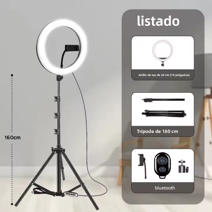 Anillo De Luz LED Para Autoefie 10" 26cm Con Trípode Soporte Para Teléfono Iluminación De Rellenar Ajustable Para Fotografía Y Streaming - 1