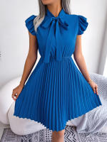 Vestido Elegante De Mujer Con Cintura Alta Y Volantes Para Primavera Y Verano Estilo Casual Collar Con Lazo Cuello Alto Y Mangas Batwing - details 2