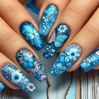 24pcs/set Uñas Postizas Largas Medias Falsas De Cuadrado Ballet Con Flores Y Mariposa Azul Verde Para La Temporada De Primavera Y Verano - details 14