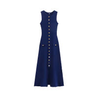 Vestido Midi Tejido De Mujer TRZA Chic Con Botones Dorados Estilo Casual Cuello Redondo Sin Mangas Silueta Recta Talla Media Estación Universal - details 3