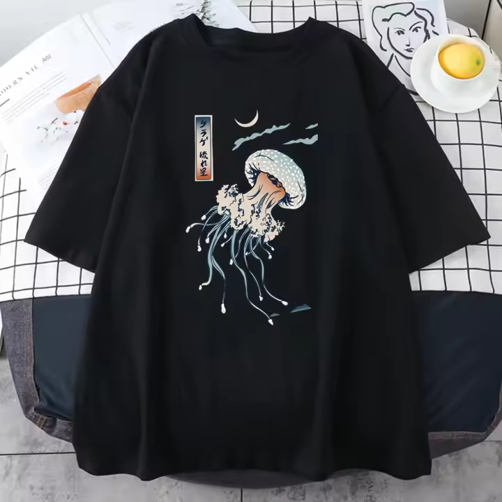 Camiseta De Algodón Para Hombre Con Estampado De Medusa Colorido Manga Corta Estilo Japonés Harajuku Cuello En O Vintage Oversized - 1