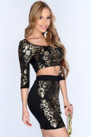 Conjunto negro con estampado vegetal dorado: top + falda MARCA GENERICA - details 2