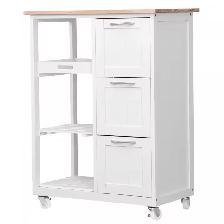 Isla de cocina de madera, 3 cajones y 3 estantes abiertos, bandeja extraíble, blanco, carro de almacenamiento con cajones y estantes para cocina, 67x37x87,5 cm, Miadomodo - 1