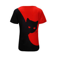Blusa De Verano Para Mujer Estilo Nuevo Con Cuello Inclinado Y Estampado De Gato Negro Manga Corta Camiseta Casual De Polyester Y Spandex - details 11