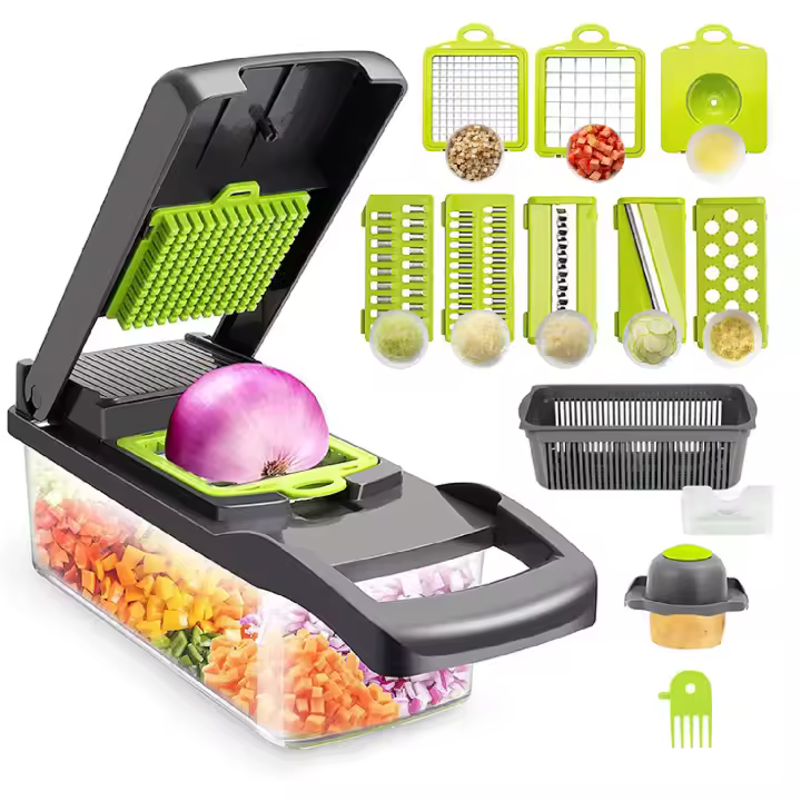 Vicyol S&D Cortador de Verdura Manual, Mandolina de Cocina Multifuncional 13 en 1-2 Cuchillas, 7 Rebanadoras Rallador, Separador de Huevo y Escurridor, Cuchillas Acero Inoxidable - 1