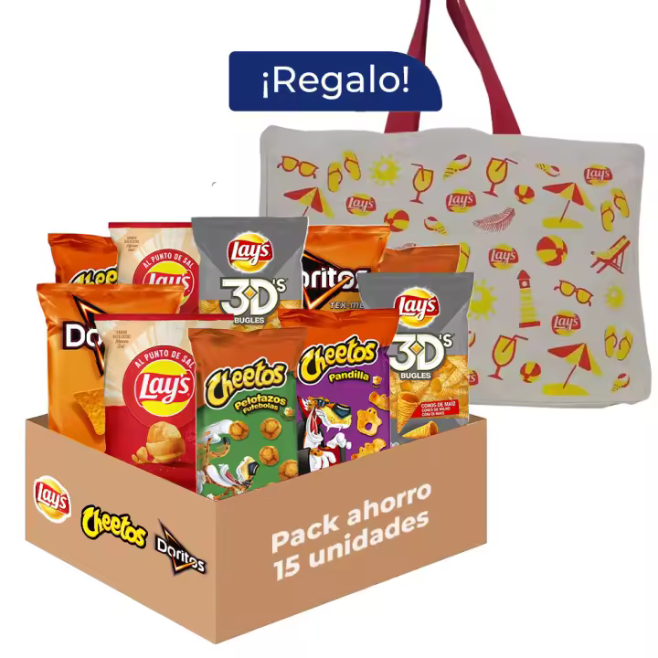 Pack Regalo Snacks y Patatas Fritas - Lay's, Cheetos y Doritos: 3 Pandilla, 3 Pelotazos, 3 Lay's al Punto de Sal, 3 Tex-Mex y 3 3D's, Total: 585 g en 15 bolsas de Aperitivos Crujientes e Irresistibles + Tote Lay's - 1