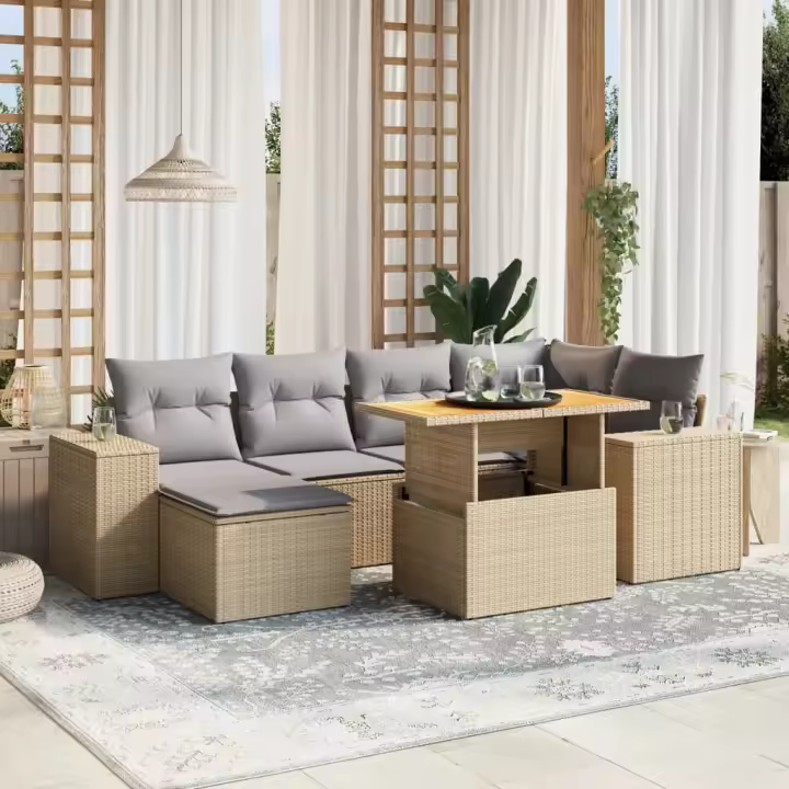 vidaXL Set sofás de jardín 7 piezas y cojines ratán sintético beige - 1