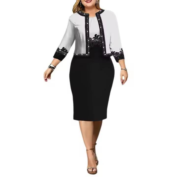 2 unids/set Mujeres Vestido Abrigo conjunto más tamaño slim fit Tres segundos Manga Flor impresión cardigan Capa D - 1