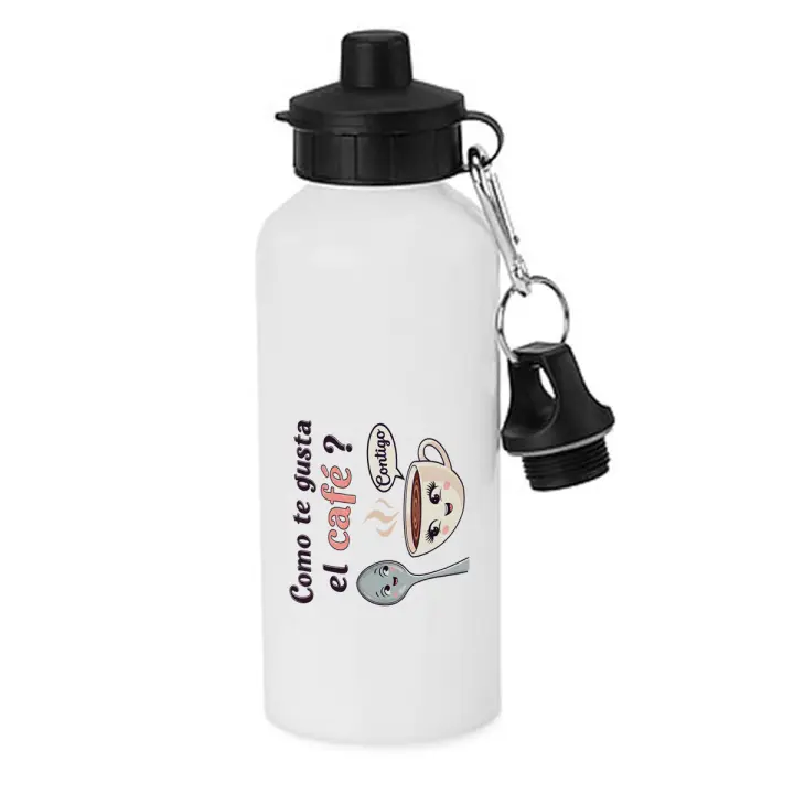 MERCHANDMANIA Bidón deportivo 600 ml acero inoxidable con chupón frase bonita amor san valentin aniversario novios café juntos contigo botella escolar deporte bicicleta - 1