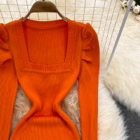 Vestido REALEFT De Mujer Otoño Invierno Con Cuello Cuadrado Manga Larga Y Acolchado De Puff Trasero Lateral Split Midi Casual - details 4