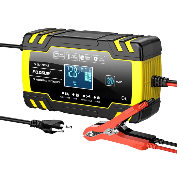 Cargador De Batería Automático FOXSUR 12V 24V Con Pantalla LCD Para Coche Motocicleta Camión Batería AGM Plomo-Acida Reparación De Pulso - 1
