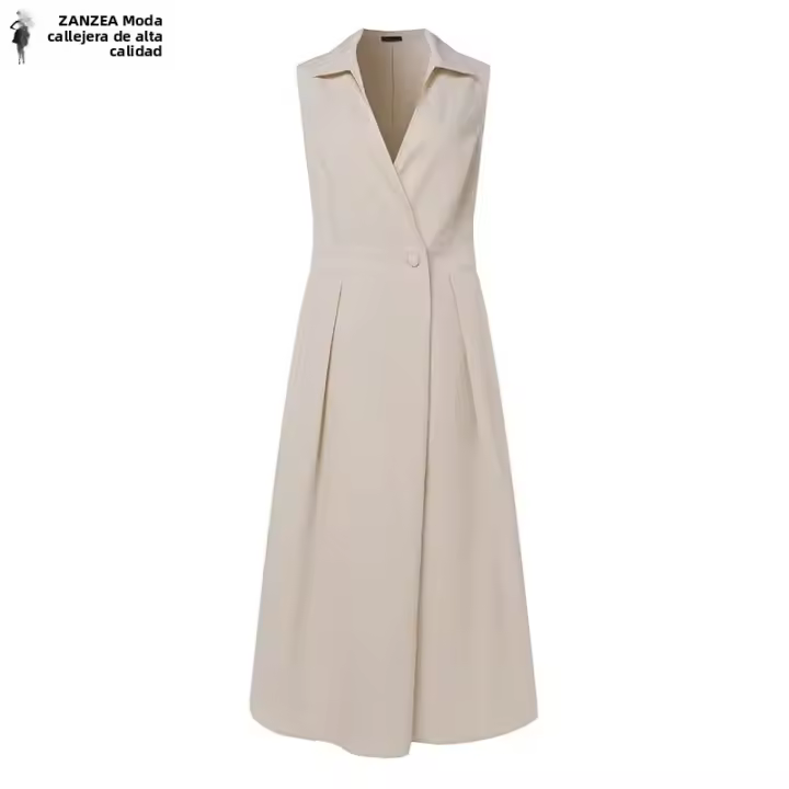 Vestido Midi Elegante ZANZEA Para Mujer Estilo Trabajo OL Verano Vuelta En El Cuello Sin Mangas Silueta A-Line Oficina Casual Longitud Media Pierna - 1