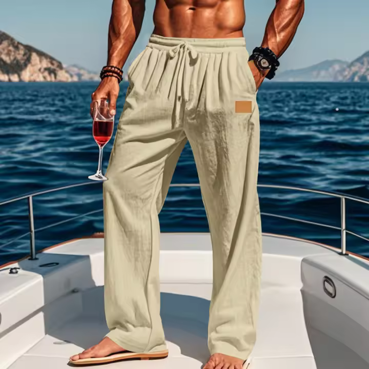 Pantalones rectos con cordones de algodón y lino para hombre, de estilo playero, finos y con cordón, para el tiempo libre, para las cuatro estaciones. - 1