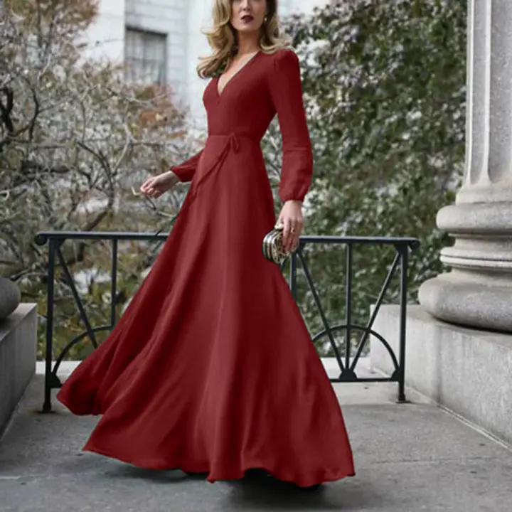 Vestido Swing De Manga Larga V-Neck Color Sólido Con Laciado Y Cinturón Estilo Casual Para Mujer Vestido Largo De Calle Elegante Primavera/Otoño - 1