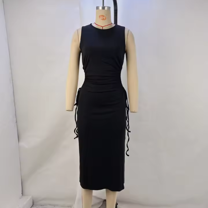 Vestido De Mujer Estilo Moderno Verano Cuello Redondo Sin Mangas Cintura Ajustable Hueco Y Abertura En La Cadera Vestido Midi Casual - 1