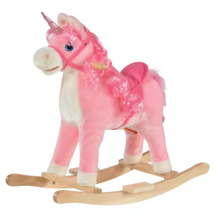 HOMCOM Caballo balancín modelo unicornio con sonidos auténticos sillín de gran confort madera de álamo rosa medidas L74 x A33 x A62 cm - 1