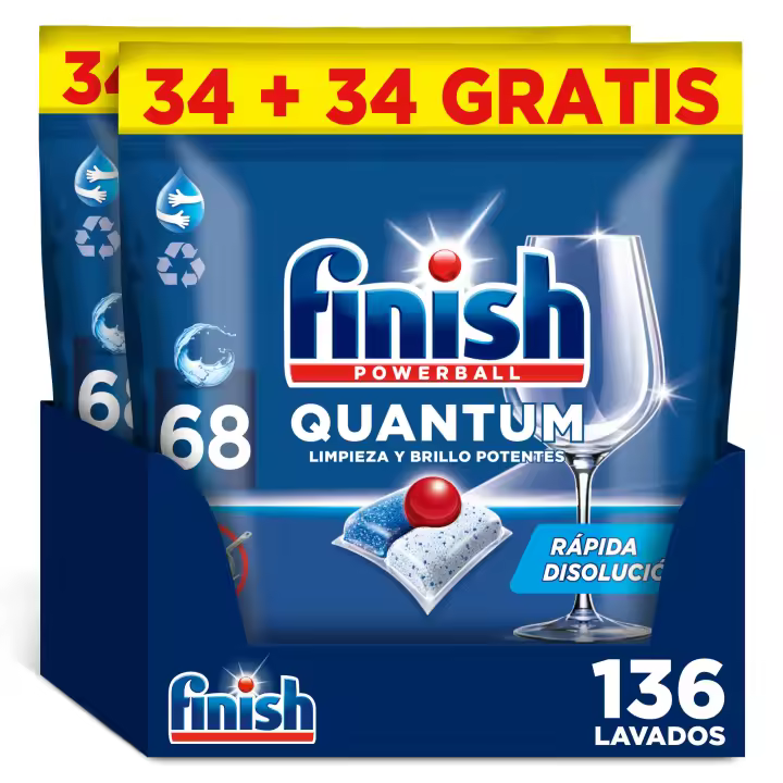 Finish Powerball Quantum, 136 | 204 Pastillas para Lavavajillas, Limpieza y Brillo Potentes, Aroma Regular Formato 2x68 | 3x68 - 1