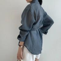 Camisa Casual Para Mujer Suelta Con Cinturón Y Cuello En V Vintage De Manga Larga Transpirable Para Oficina Y Uso Diario - details 17