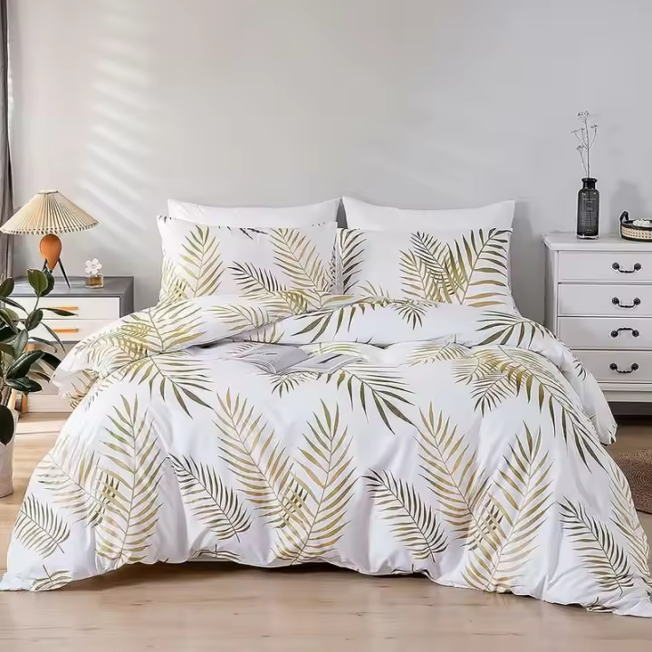 Juego de Funda Nórdica 220x240 cm 2 Personas y 2 Fundas de Almohada 50x75 cm 100% Microfibra Juego de Cama Patrón Botánico de Hojas Tropicales Doradas con Cremallera, Oro Blanco - 1