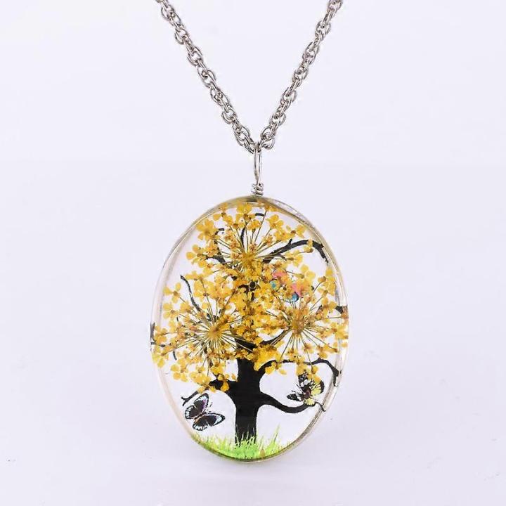 Collar de flores secas, medallones de cristal ovalados, vida del árbol, colgante de mariposa, collares de cadena, joyería de cumpleaños para mujeres y niñas (amarillo)