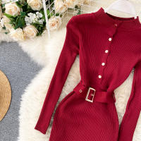 Vestido REALEFT De Punto Para Mujer Con Cuello Alto Y Mangas Largas Estampado Sólido Estilo Casual Vestido De Abrazo Largo Hasta La Rodilla Para Otoño E Invierno - details 14