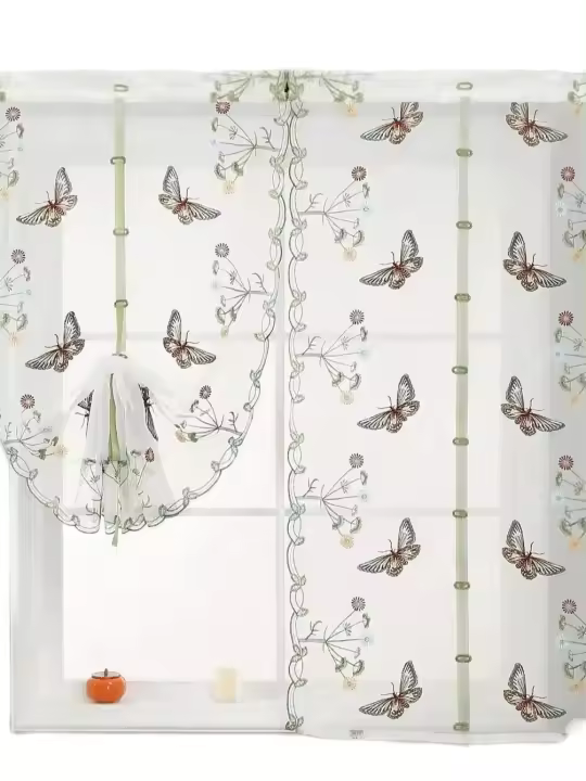 Panel De Cortina Semi-Translúcido Con Mariposas Para Dormitorio Y Cocina Estilo Europeo Y Americano 100% Poliéster Sin Ajuste Al Techo - 1