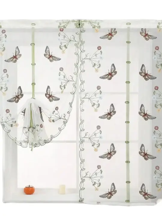 Panel De Cortina Semi-Translúcido Con Mariposas Para Dormitorio Y Cocina Estilo Europeo Y Americano 100% Poliéster Sin Ajuste Al Techo - 1