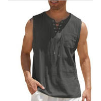 Camiseta Ligera De Verano Para Hombres Top Transpirable Estilo Casual Color Sólido Sin Mangas Con Cierre De Encaje Ropa - details 3