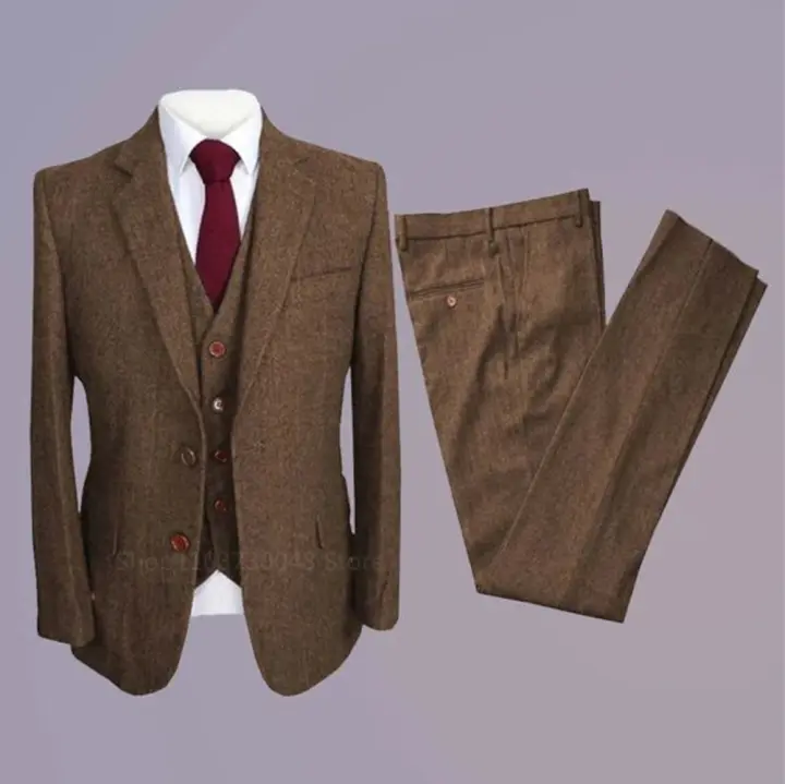 Traje Gris Rayado Para Hombre Slim Fit Formal Tuxedo Tweed De Lana Invierno 3 Piezas Boda Traje Masculino (Chaleco+Pantalones+Chaleco) - 1