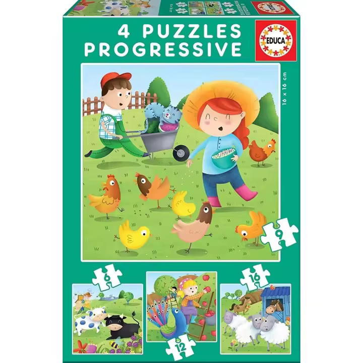 Educa - Puzzles Progresivos Puzzle Infantil Animales De La Granja De 6,9,12 Y 16 Piezas, A Partir De 3 Años (17145) - 1