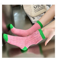 Calcetines De Punto Para Mujer De Color Contraste Medio Tubo Verano Transpirables De Algodón Y Poliéster Calcetines Casuales Para Primavera Y Verano - details 0