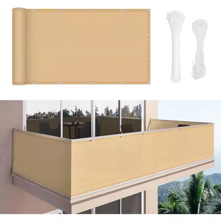 Pantalla de privacidad para balcón, 90 x 500 cm, cubierta de privacidad de 180 g/m², tela HDPE, protección UV, protección contra el viento para jardín, patio, exterior, con bridas y cordones, arena - 1