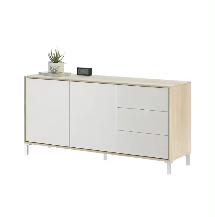 Meimon BROOKLYN Aparador con estructura en tablero melaminizado E1, 2 puertas con apertura PUSH, 3 cajones con guías metálicas, estantes interiores fijos, patas ABS blancas, acabado Roble Canadian y Blanco Artik - 1