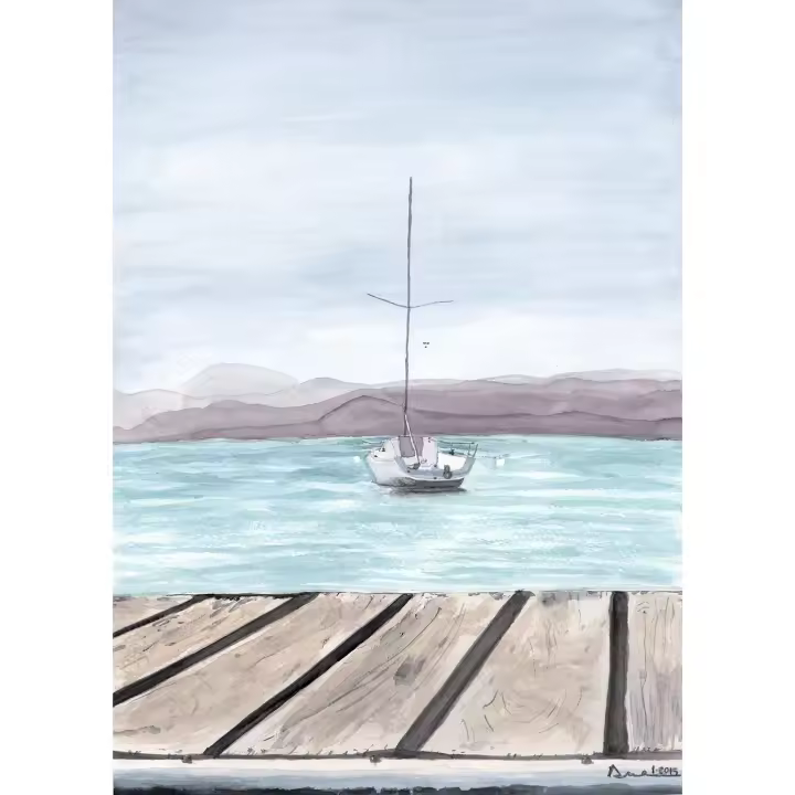 Cuadro decorativo vertical grande  "Lago I" 85x120 90x130 100x140 Lienzo alta calidad Marina  paisaje acuático lago con bote velero arte Contemporáneo acuarela tonos pastel agua azul madera montañamuelle neutroRef ANA DURAN 016 - 1