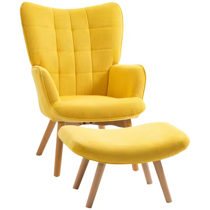 HOMCOM OhrsesseL con taburete, sillón relax, sillón tapizado con aspecto de pana, sillón, sillón con patas de madera, sillón de televisión para salón - 1