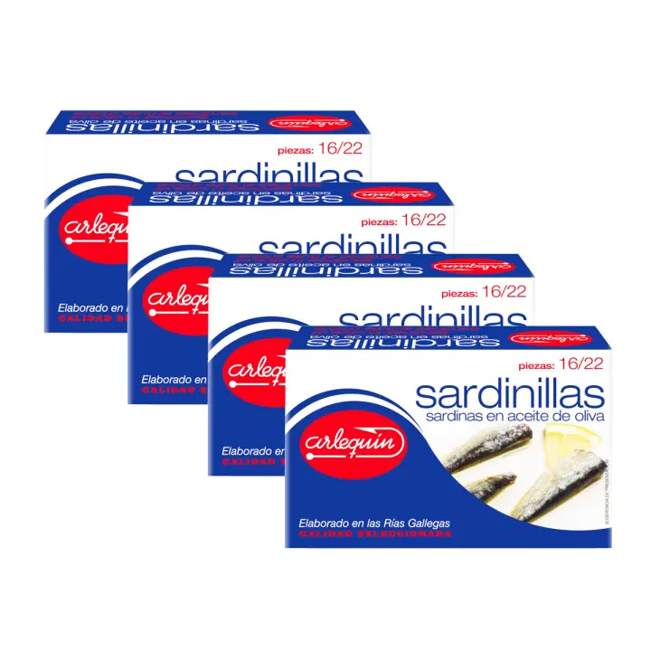 ARLEQUIN Sardinilla de las Rias Gallegas en Aceite de Oliva, Pack de 4 Latas de 120 grs. y 16/22 Unds (480 grs y 64/88 Unds) - 1