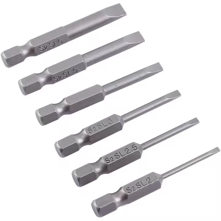 Juego de 6 puntas de destornillador de cabeza plana ranurada de 50 mm, 2,0-6,0 mm, puntas de destornillador de cabeza ranurada hexagonal de aleación S2 magnéticas de 0,25" - 1