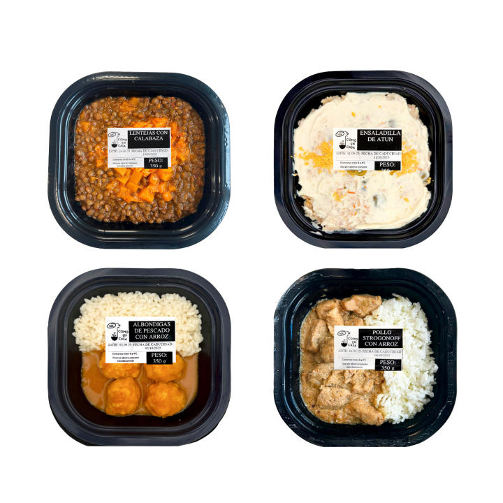 PIDE COMO EN CASA | Platos Preparados Listos para Comer | Lentejas con Calabaza, Ensaladilla de Atún, Albóndigas de Merluza en Salsa Marinera con Arroz, Pollo Strogonoff con Arroz | Pack 4 x 350 g